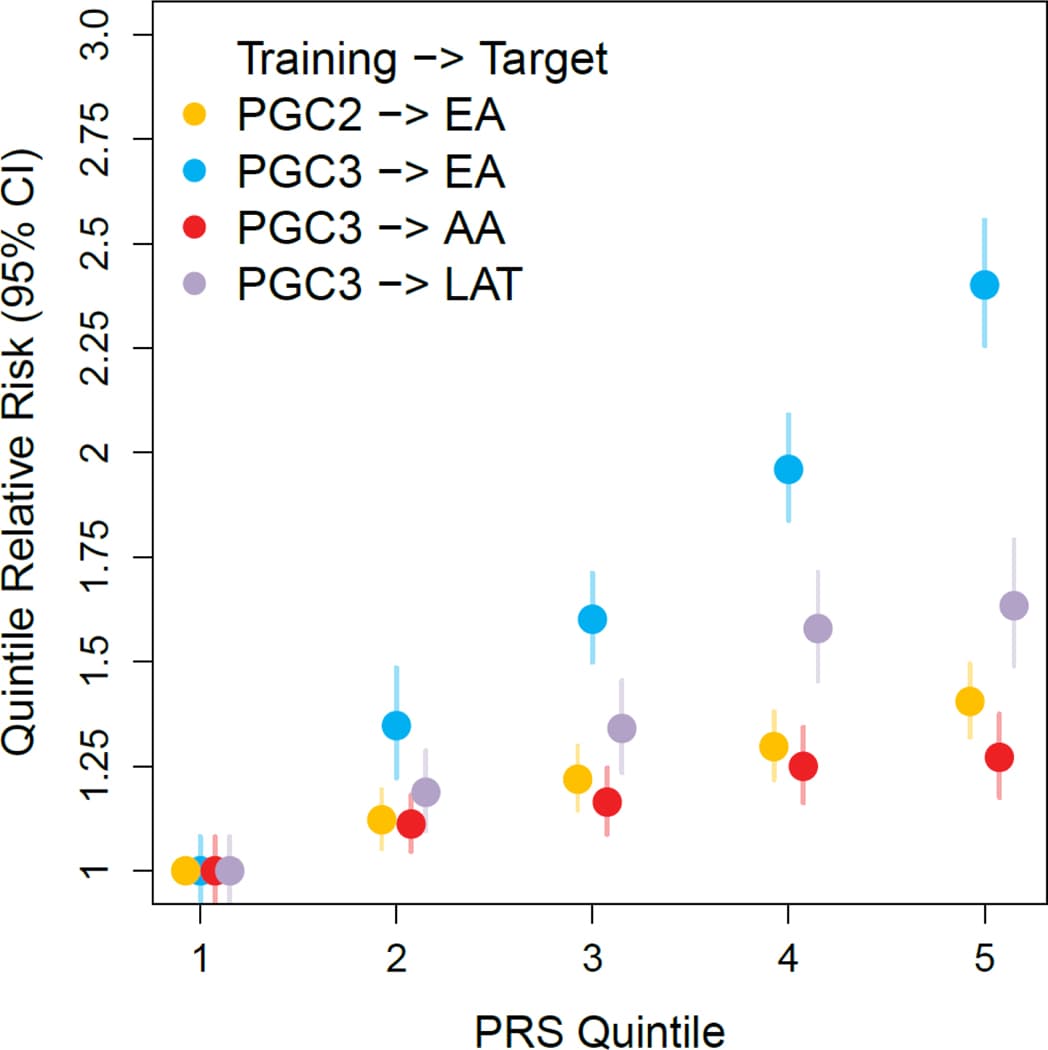 Figure 5 |. Polygenic risk score analysis for PTSD across different data sets and ancestries.